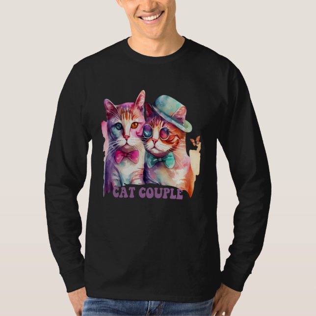 Cute Cat Couple With Hat And Glasses For Cat T-Shirt (Front)