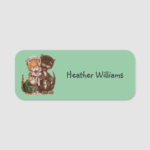 Cute Cat Couple Yellow Brown Sharing Rats Green Name Tag