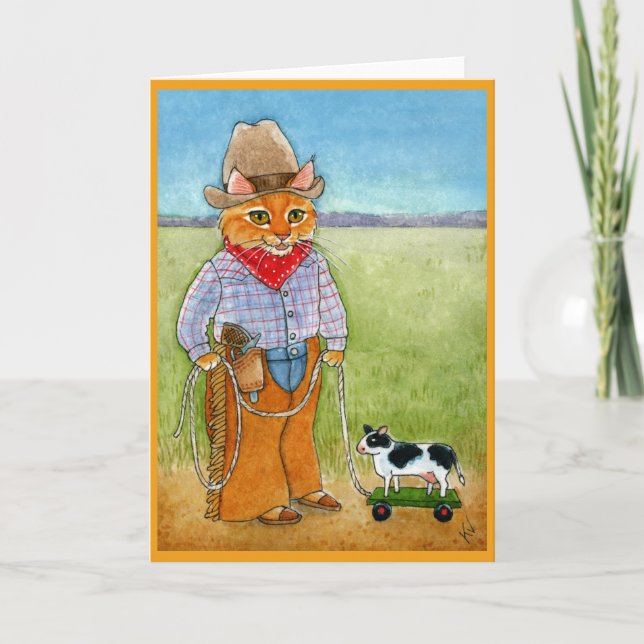 Cute cat cowboy, cattle rancher cow greeting card (Front)