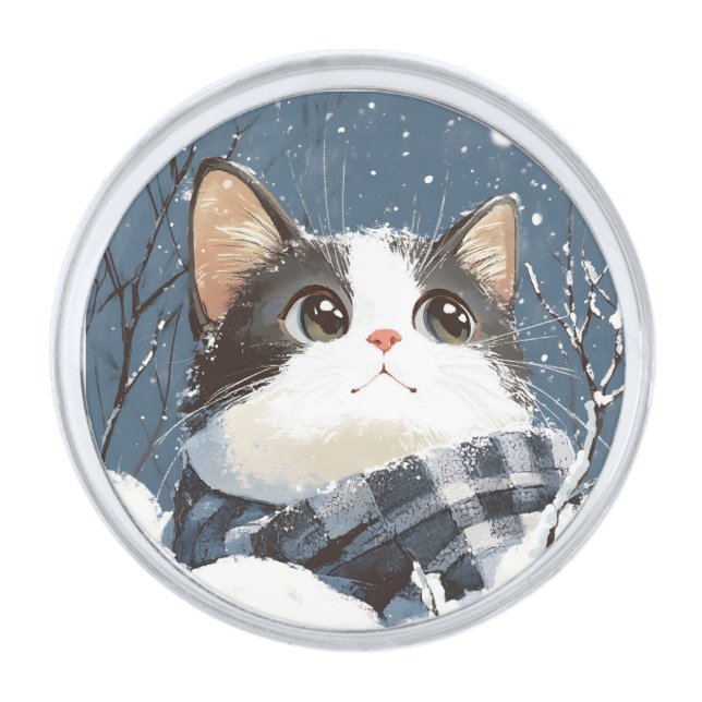 Cute cat cozy winter snow silver finish lapel pin (Front)