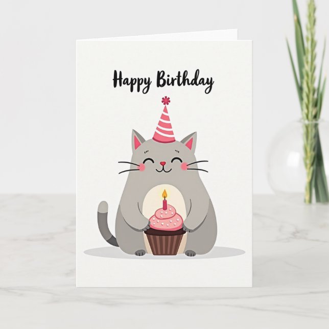 Cute Cat Cupcake Birthday Card (Front)