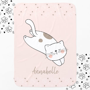 Cute Cat Custom Name Girl Pink Baby Blanket