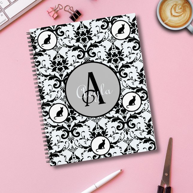 Cute Cat Damask Personalized Polka Dots Notebook (Creator Uploaded)