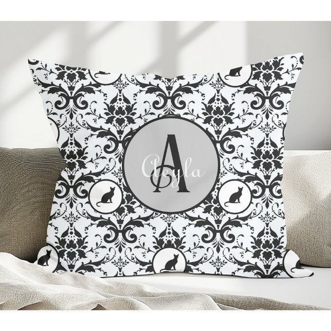 Cute Cat Damask Personalized Polka Dots Throw Pillow (Creator Uploaded)