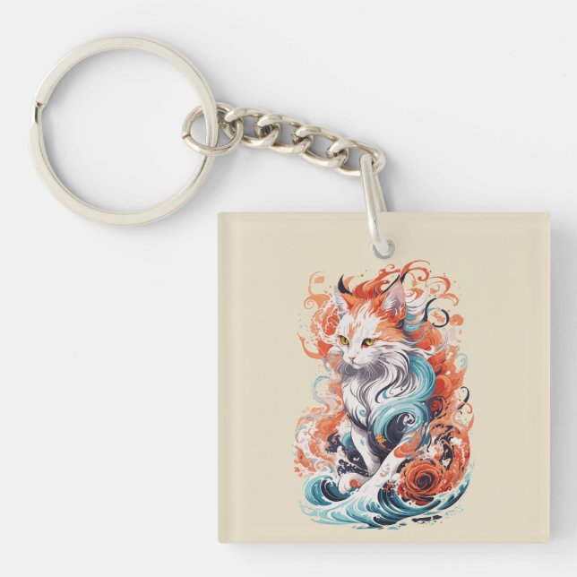 Cute Cat Design In Neo Traditional Style Keychain (Front)