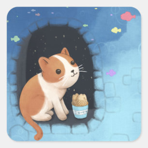Cute Cat, Dessert, and Fish Illustration Art Square Sticker