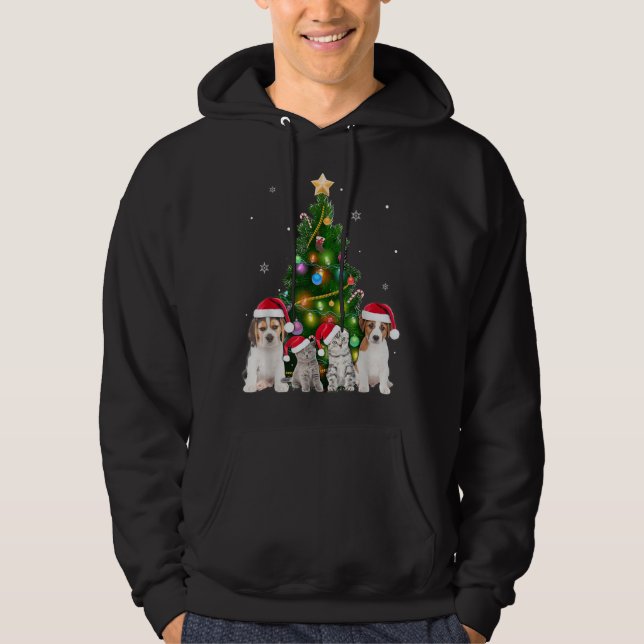 Cute Cat & Dog Christmas Tree Cat Lover Xmas Pets Hoodie (Front)