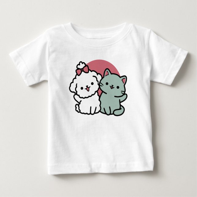 Cute Cat & Dog 'Fur-Real Friends Forever' Design Baby T-Shirt (Front)