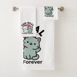 Cute Cat & Dog 'Fur-Real Friends Forever' Design Bath Towel Set