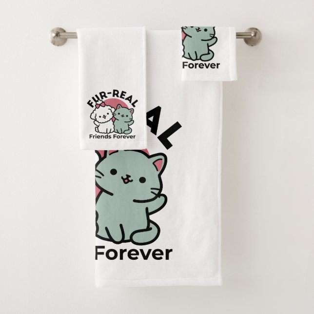 Cute Cat & Dog 'Fur-Real Friends Forever' Design Bath Towel Set (Insitu)