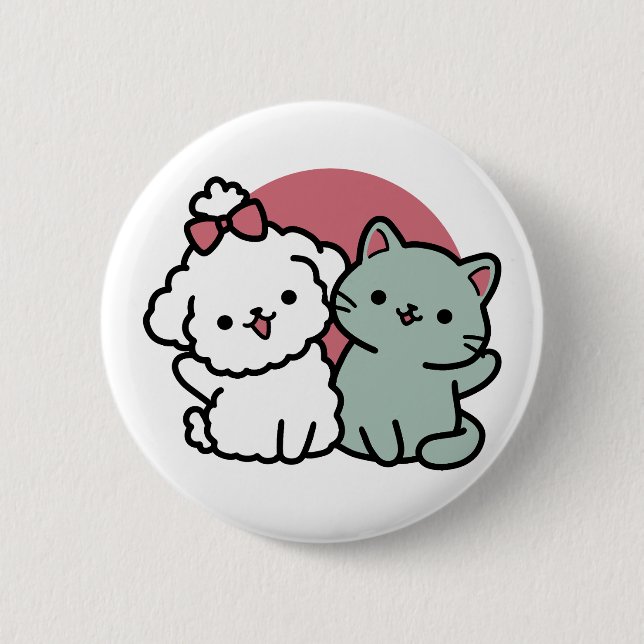 Cute Cat & Dog 'Fur-Real Friends Forever' Design Button (Front)