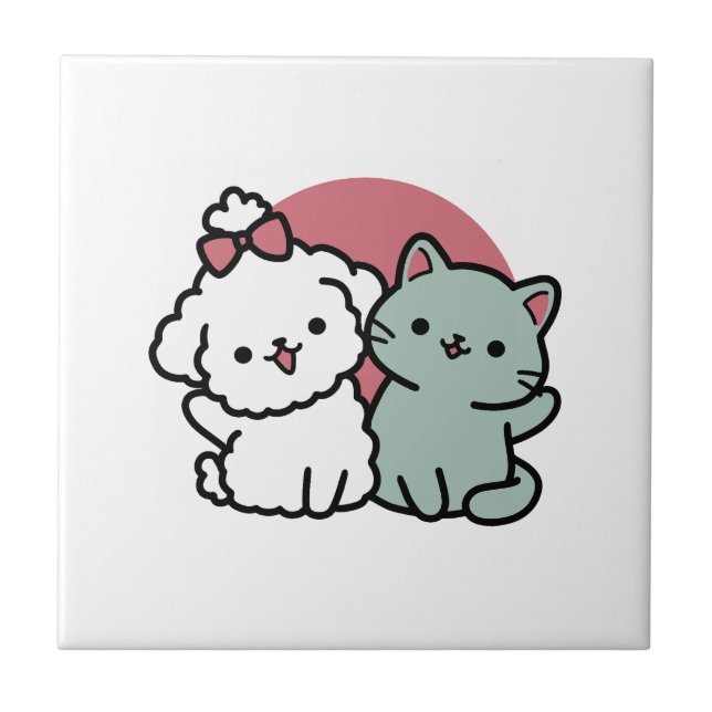 Cute Cat & Dog 'Fur-Real Friends Forever' Design Ceramic Tile (Front)