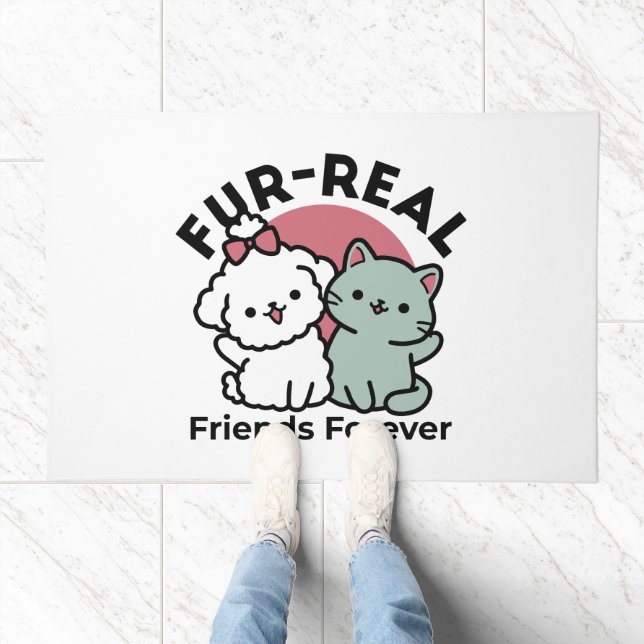 Cute Cat & Dog 'Fur-Real Friends Forever' Design Doormat (Indoor)
