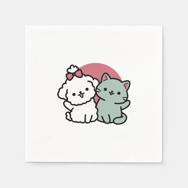 Cute Cat & Dog 'Fur-Real Friends Forever' Design Napkins (Front)