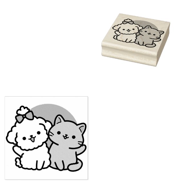 Cute Cat & Dog 'Fur-Real Friends Forever' Design Rubber Stamp (Stamped)