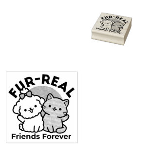 Cute Cat & Dog 'Fur-Real Friends Forever' Design Rubber Stamp