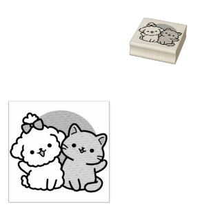 Cute Cat & Dog 'Fur-Real Friends Forever' Design Rubber Stamp