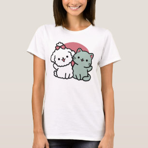 Cute Cat & Dog 'Fur-Real Friends Forever' Design T-Shirt