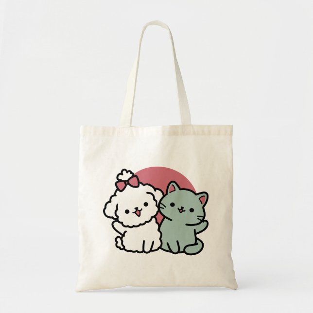 Cute Cat & Dog 'Fur-Real Friends Forever' Design Tote Bag (Front)