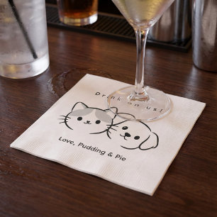 Cute Cat & Dog Line Art "Drink on Us!" Cocktail Na Napkins