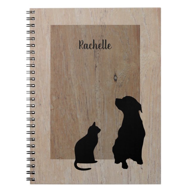 Cute cat &  dog silhouettes on wood notebook (Front)