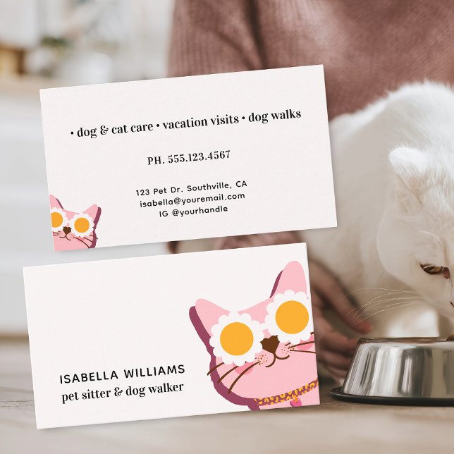 Cute Cat Dog Walker Pet Sitter  Business Card (Front and back of standard size business card is shown. Personalize + choose size and corner style.)