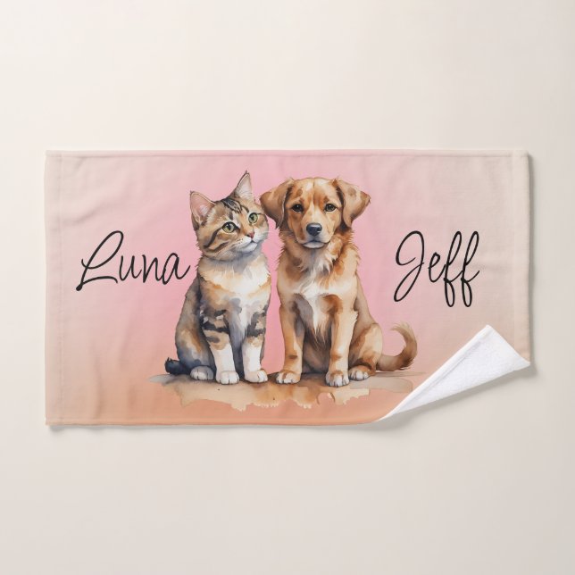 Cute Cat & Dog Watercolor Bath Towel Set (Hand Towel)