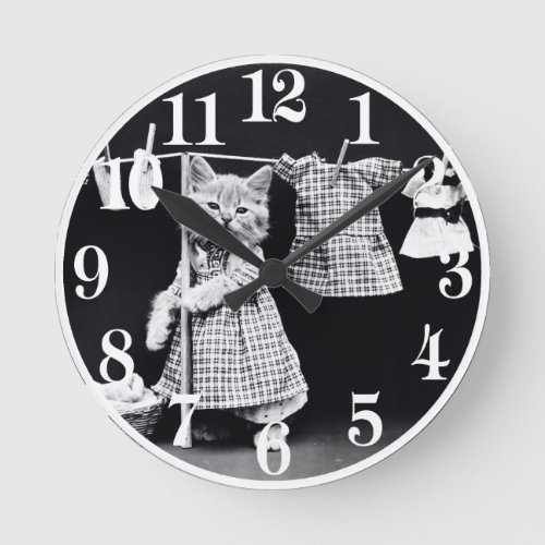 Cute Cat Doing Laundry in Clothes Vintage Print Round Clock