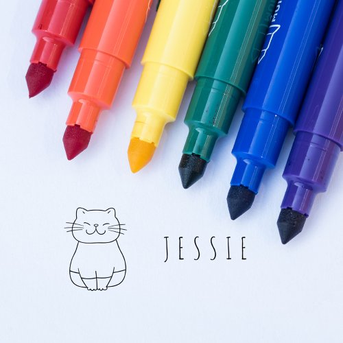 Cute Cat Doodle Kids Personalized Name  Self_inking Stamp