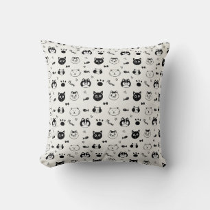 Cute Cat Doodle Pattern – Black and White Cat Face Throw Pillow