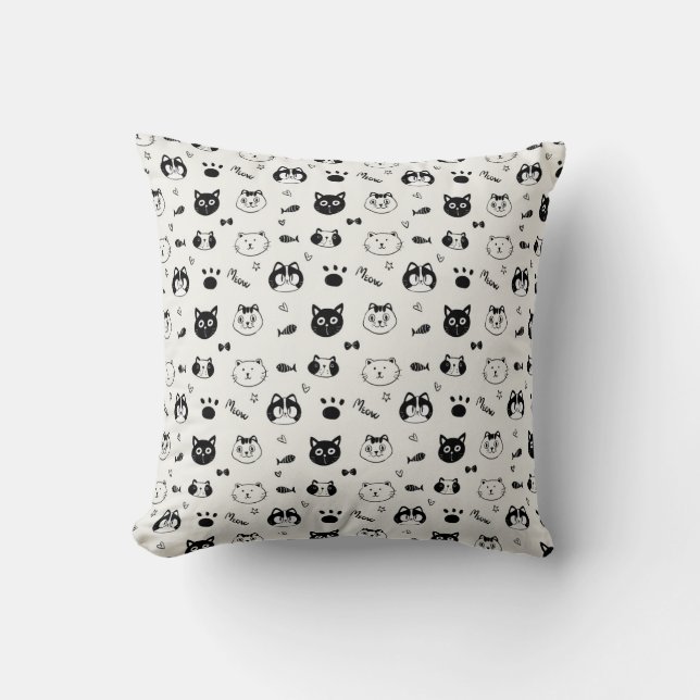Cute Cat Doodle Pattern – Black and White Cat Face Throw Pillow (Front)
