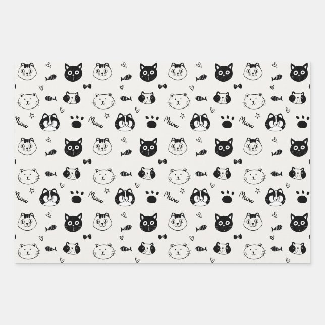 Cute Cat Doodle Pattern – Black and White Cat Face Wrapping Paper Sheets (Front)