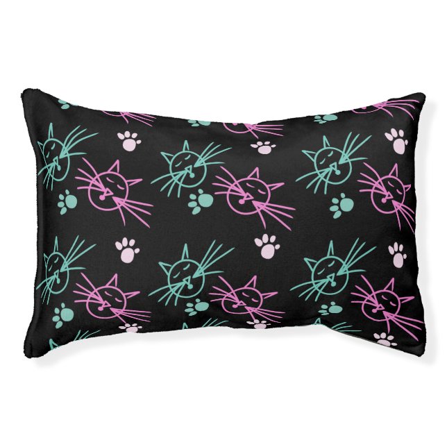 Cute Cat Doodle Pink Teal Black  Pet Bed (Front)