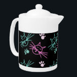 Cute Cat Doodle Pink Teal Black   Teapot<br><div class="desc">Doodle cat Pattern</div>