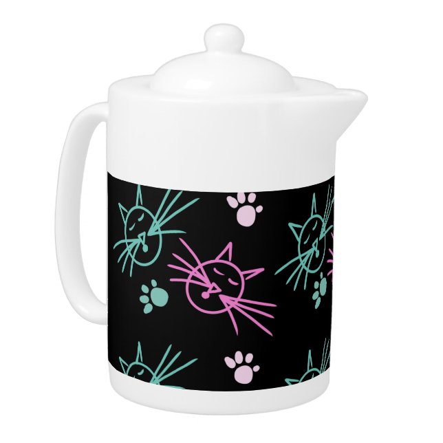 Cute Cat Doodle Pink Teal Black   Teapot (Left)
