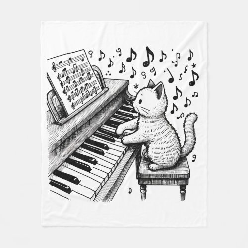 Cute Cat Doodle Playing Piano Fleece Blanket