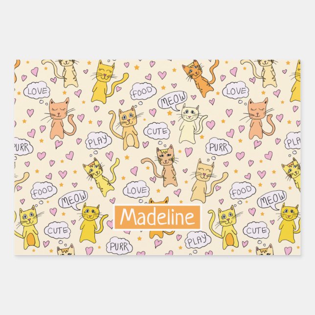 Cute Cat Doodles Pattern Wrapping Paper Sheets (Front)