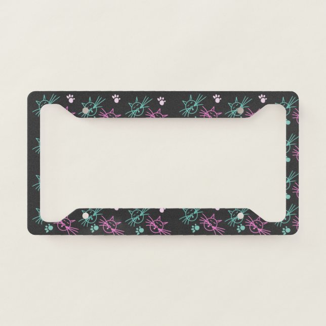 Cute Cat Doodles Pink Teal Pet Black        License Plate Frame (Front)