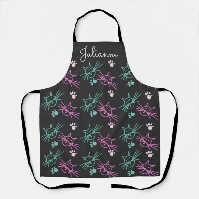 Cute Cat Doodles Pink Teal Pet Black Name Apron (Front)