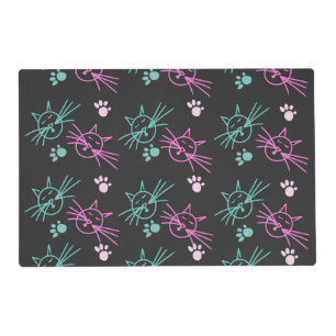 Cute Cat Doodles Pink Teal Pet Black Placemat
