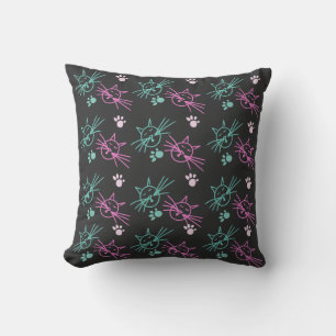 Cute Cat Doodles Pink Teal Pet Black   Throw Pillow