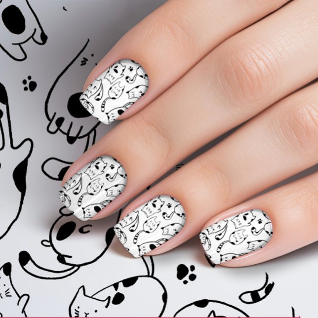 Cute Cat Drawing Black White Pattern Minx Nail Art (The cutest and funny cat illustration black and white pattern nail art wrap design.)
