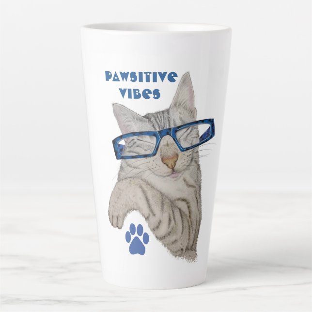 Cute Cat Drawing Pawsitive Vibes Positivity Latte Mug (Front)