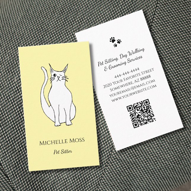 Cute Cat Drawing QR code Pet Sitter Yellow Business Card (Creator Uploaded)
