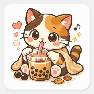 Cute Cat Drinking Bubble Tea Kawaii Cat Design Square Sticker