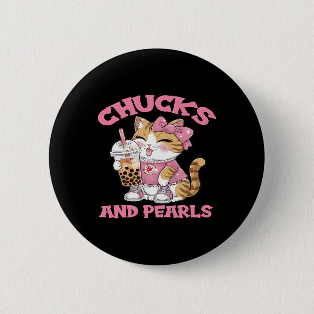 Cute Cat Drinking Bubble Tea Kitten Lover  Button (Front)
