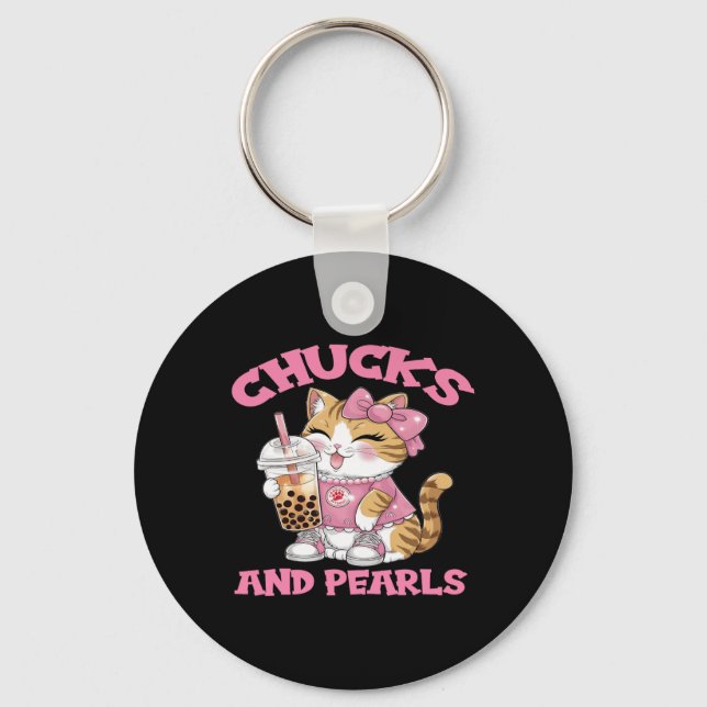 Cute Cat Drinking Bubble Tea Kitten Lover  Keychain (Front)