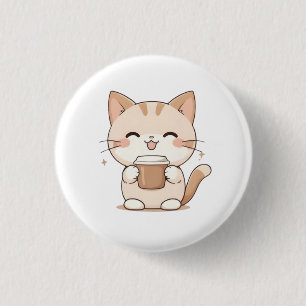 Cute Cat Drinking Coffee Kawaii Design Button