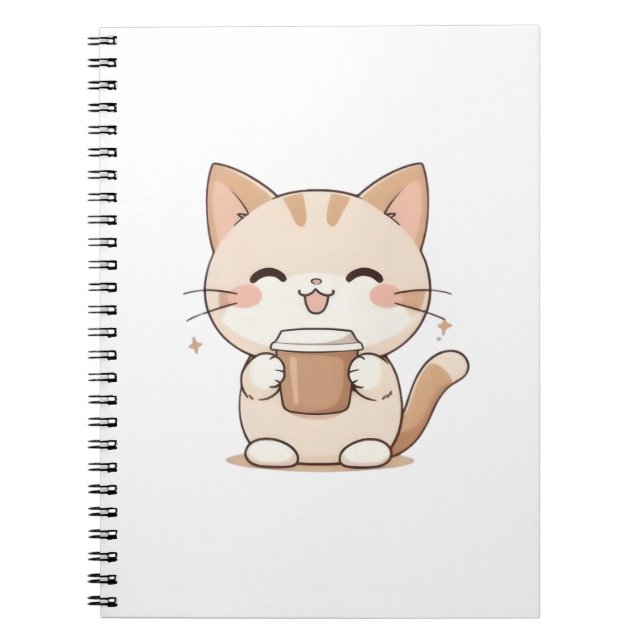 Cute Cat Drinking Coffee Kawaii Design Notebook (Front)