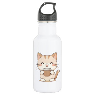 Cute Cat Drinking Coffee Kawaii Design Stainless Steel Water Bottle